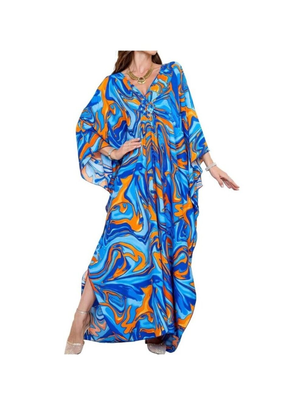 Women's Blue Abstract Floral V-Neck Batwing Sleeves Summer Cover Up Kaftan Dress